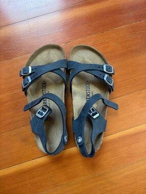Birkenstock Black Triple-Strap Suede Sandals with Buckles